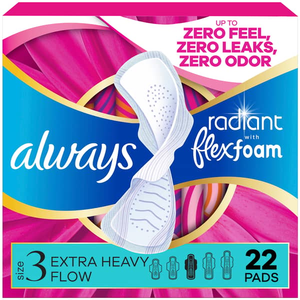 Always Radiant FlexFoam Light Clean Scent Extra Heavy Absorbency Size 3 Pads with Wings